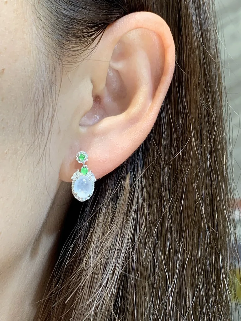High-Icy Glowing Natural Jadeite Cabochon Drop Earrings — S925 Silver · No. 687F (photo 5)