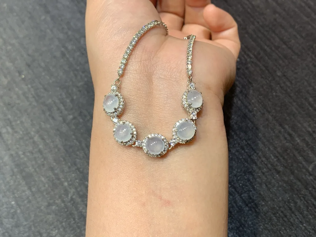 High-Icy Glowing Natural Jadeite Cabochon Bracelet — S925 Silver · No. BC52 (photo 3)