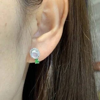 High-Icy Glowing White and Green Natural Jadeite Cabochon Stud Earrings — S925 Silver · No. 8B78 (photo 5)