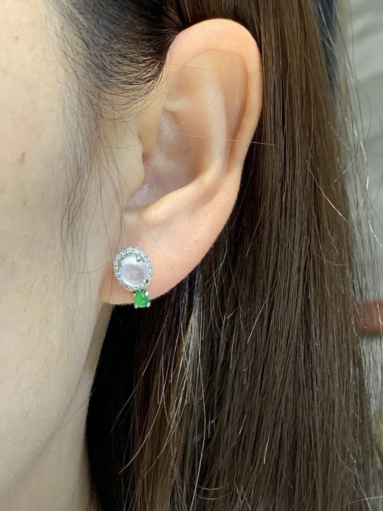High-Icy Glowing White and Green Natural Jadeite Cabochon Stud Earrings — S925 Silver · No. 8B78 (photo 5)