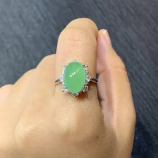 High-Icy Vivid Green Natural Jadeite Cabochon Ring — S925 Silver · No. D0AD (photo 5)