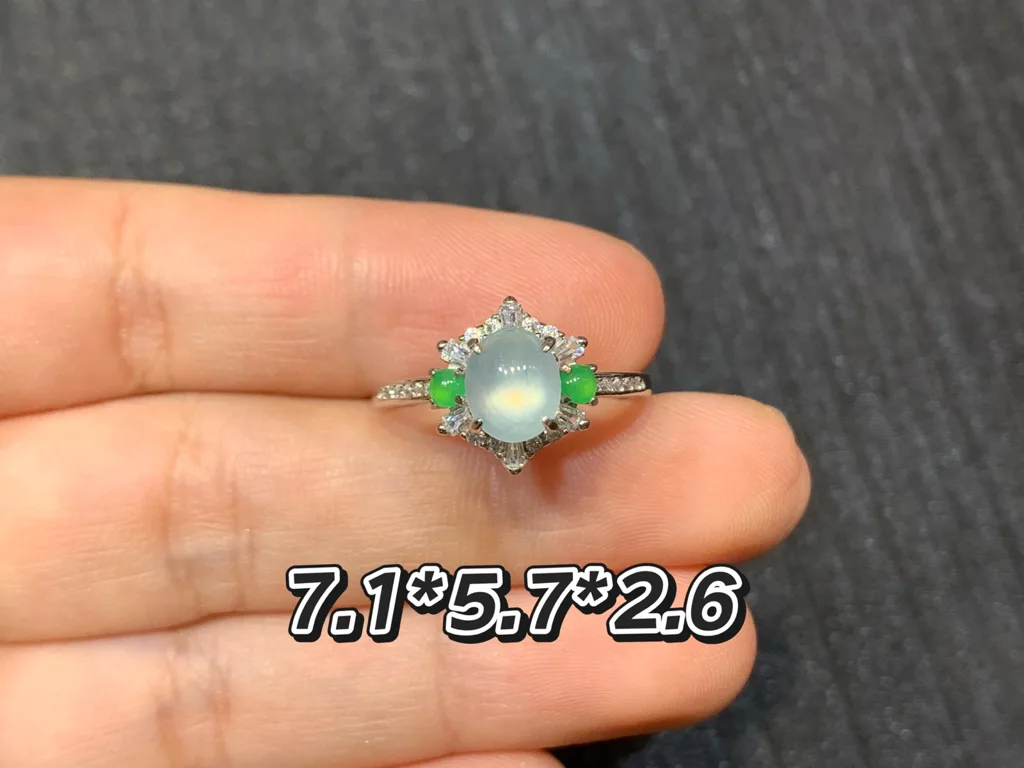 High-Icy Glowing Natural Jadeite Cabochon Ring — S925 Silver · No. 989F (photo 1)