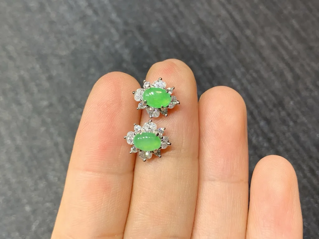Icy Soft Vivid Green Natural Jadeite Cabochon Stud Earrings — S925 Silver · No. 9A9A (photo 3)