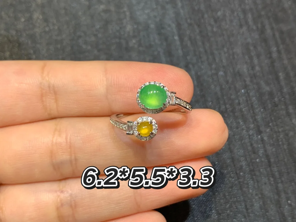 High-Icy Yellow and Green Natural Jadeite Cabochon Ring — S925 Silver · No. 92D5 (photo 1)