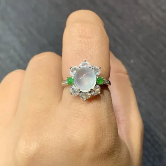 High-Icy Glowing Natural Jadeite Cabochon Ring — S925 Silver · No. 1E9B (photo 5)