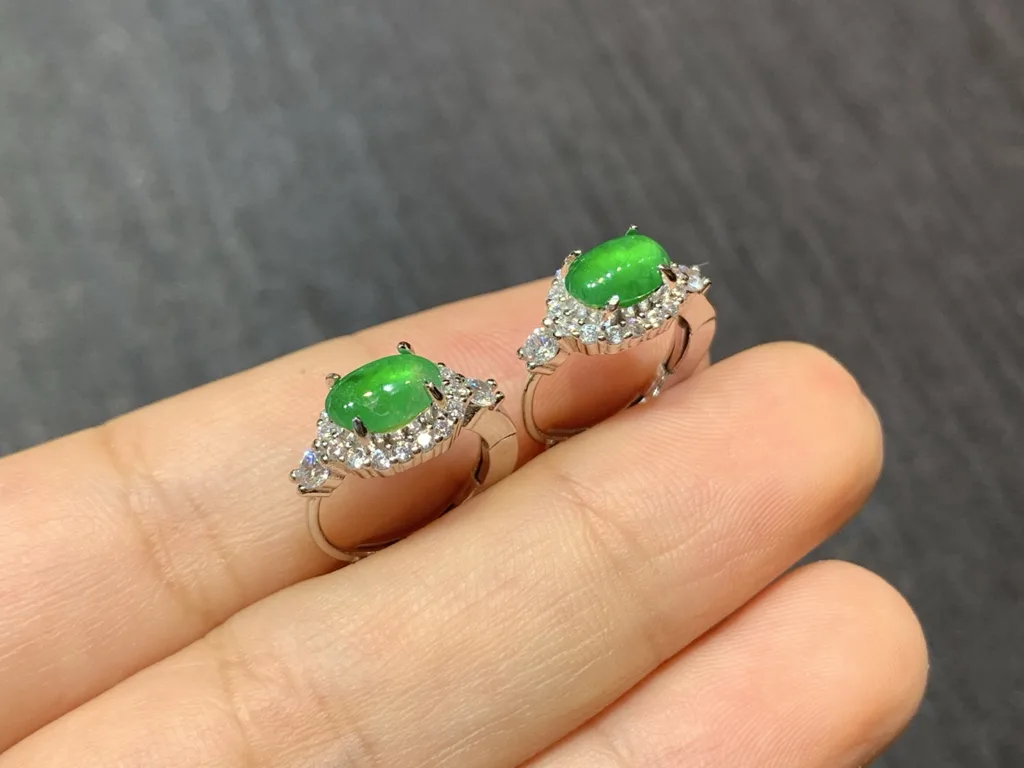 High-Icy Intense Vivid Green Natural Jadeite Cabochon Huggie Earrings — S925 Silver · No. B40D (photo 3)