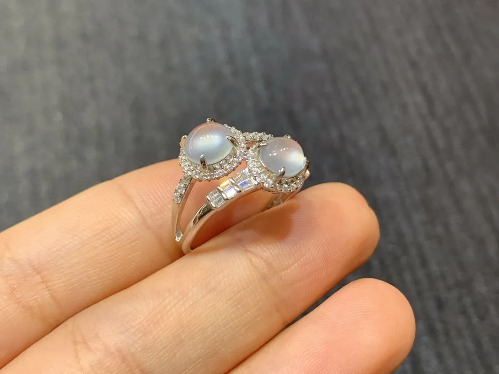 High-Icy Glowing Natural Jadeite Twin Cabochon Ring — S925 Silver · No. 6B23 (photo 3)