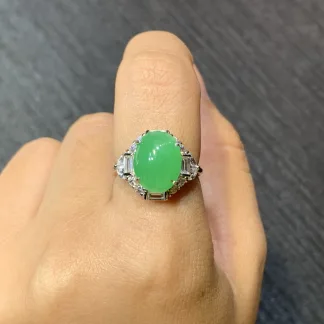 Icy Vivid Green Natural Jadeite Cabochon Ring — S925 Silver · No. 50A8 (photo 5)