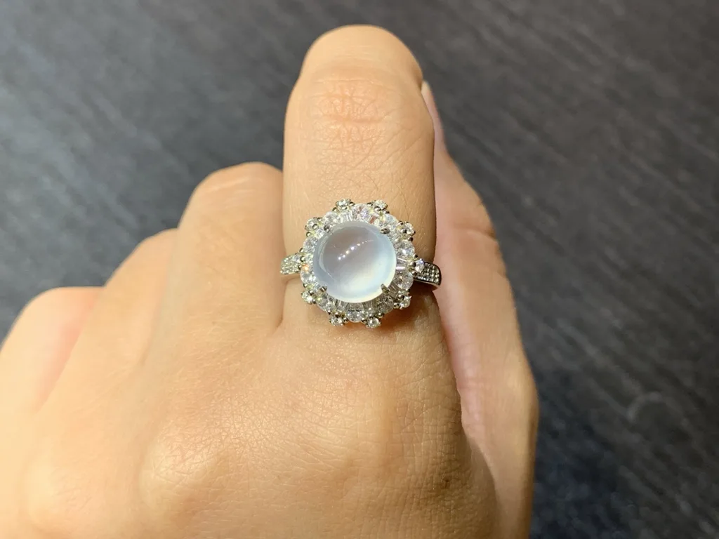 High-Icy Glowing Layered Cabochon Natural Jadeite Cabochon Ring — S925 Silver · No. 5C7D (photo 5)
