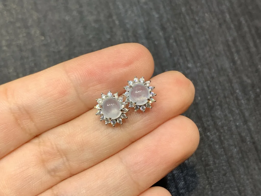 High-Icy Glowing Natural Jadeite Cabochon Stud Earrings — S925 Silver · No. 8F44 (photo 2)