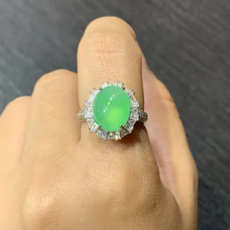 High-Icy Glowing Green Natural Jadeite Cabochon Ring — S925 Silver · No. F459 (photo 5)