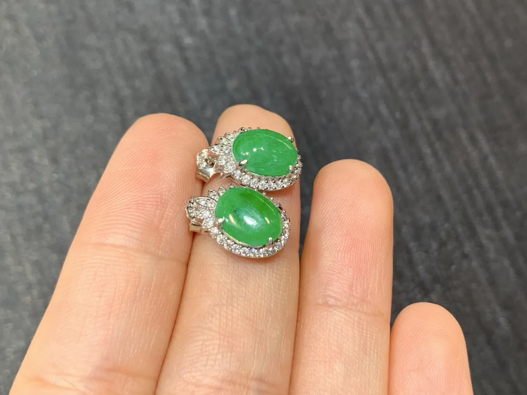 Vivid Green Natural Jadeite Cabochon Stud Earrings — S925 Silver · No. F2EA (photo 4)