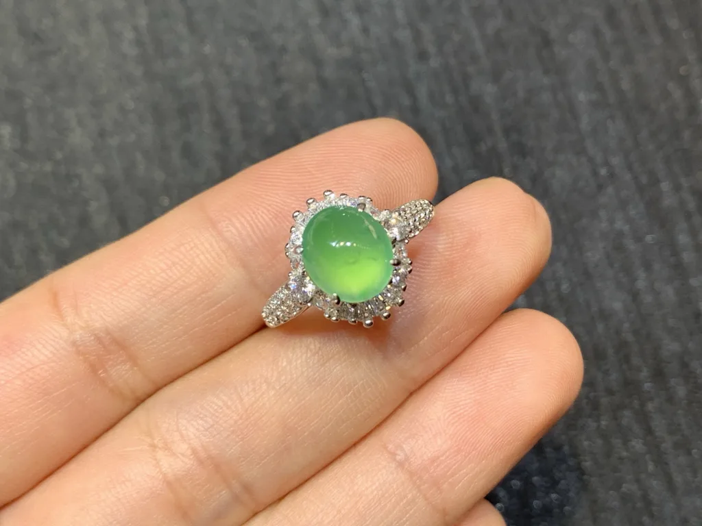 High-Icy Clear Green Natural Jadeite Cabochon Ring — S925 Silver · No. 74B3 (photo 2)