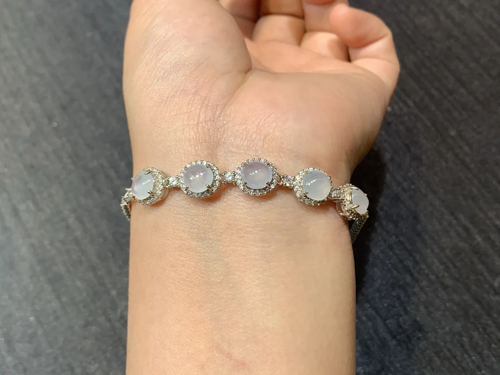 High-Icy Glowing Natural Jadeite Cabochon Bracelet — S925 Silver · No. BC52 (photo 4)