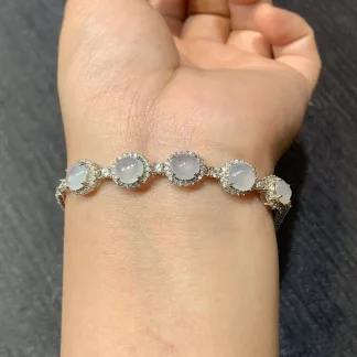 High-Icy Glowing Natural Jadeite Cabochon Bracelet — S925 Silver · No. BC52 (photo 4)