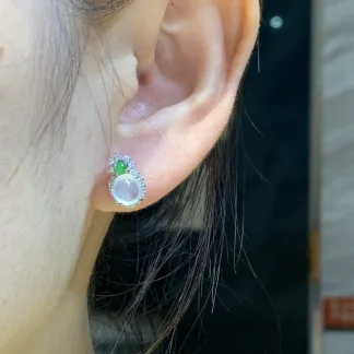 High-Icy Glowing White and Green Natural Jadeite Cabochon Stud Earrings — S925 Silver · No. 8A6E (photo 5)