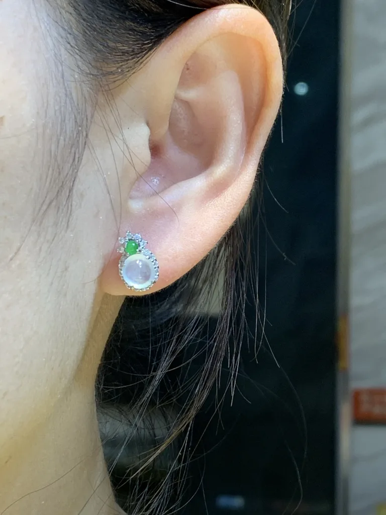 High-Icy Glowing White and Green Natural Jadeite Cabochon Stud Earrings — S925 Silver · No. 8A6E (photo 5)