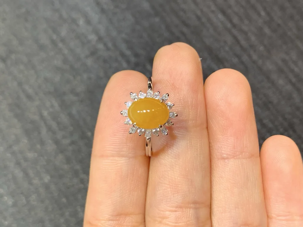 Icy Honey Yellow Natural Jadeite Cabochon Ring — S925 Silver · No. 1A3A (photo 3)