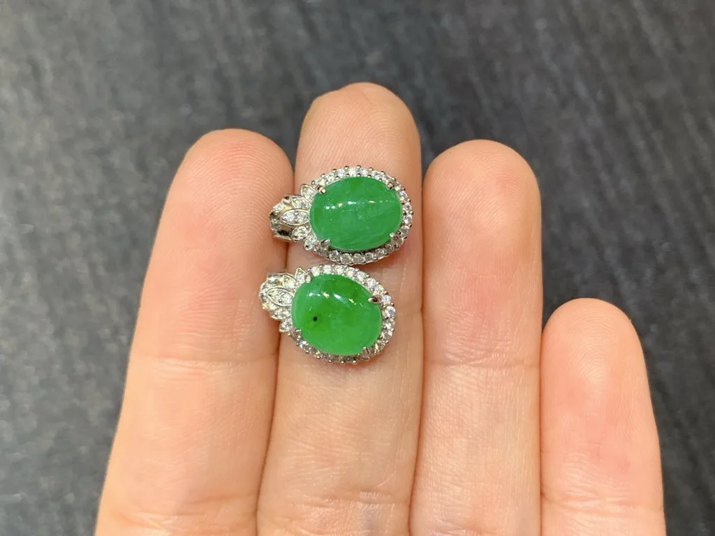 Vivid Green Natural Jadeite Cabochon Stud Earrings — S925 Silver · No. F2EA (photo 3)