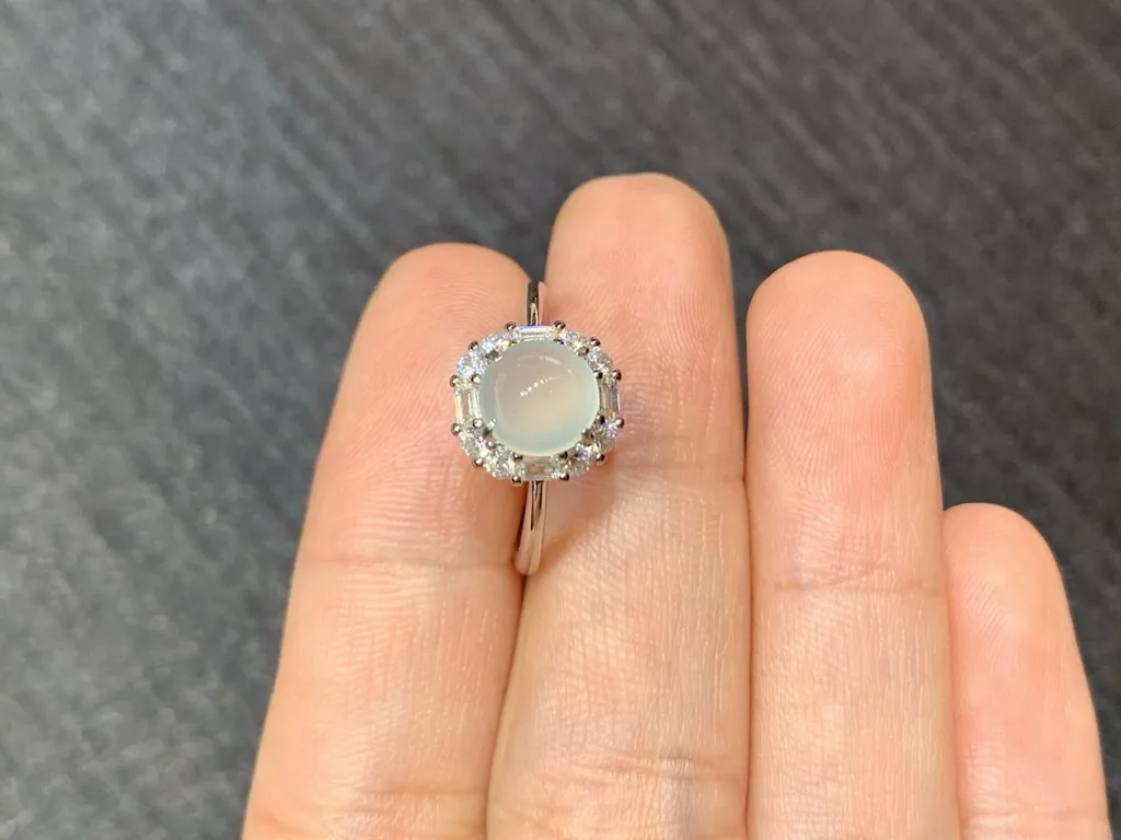 High-Icy Glowing Natural Jadeite Cabochon Ring — S925 Silver · No. 4AED (photo 3)