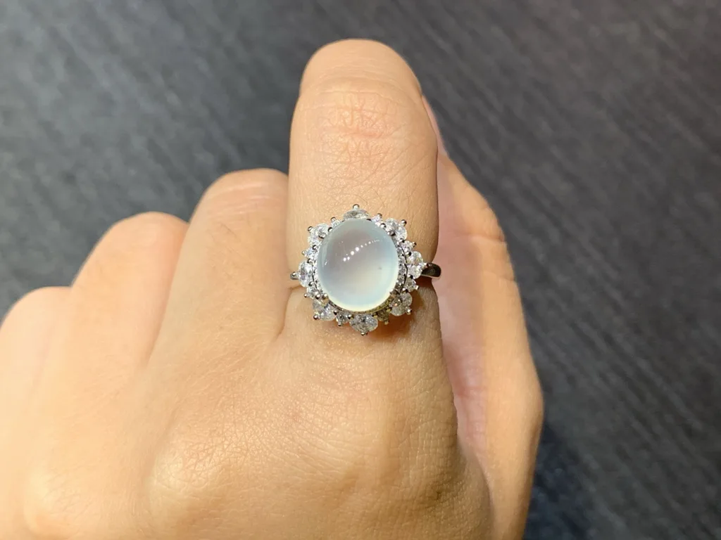 High-Icy Glowing Natural Jadeite Cabochon Ring — S925 Silver · No. 0B98 (photo 5)