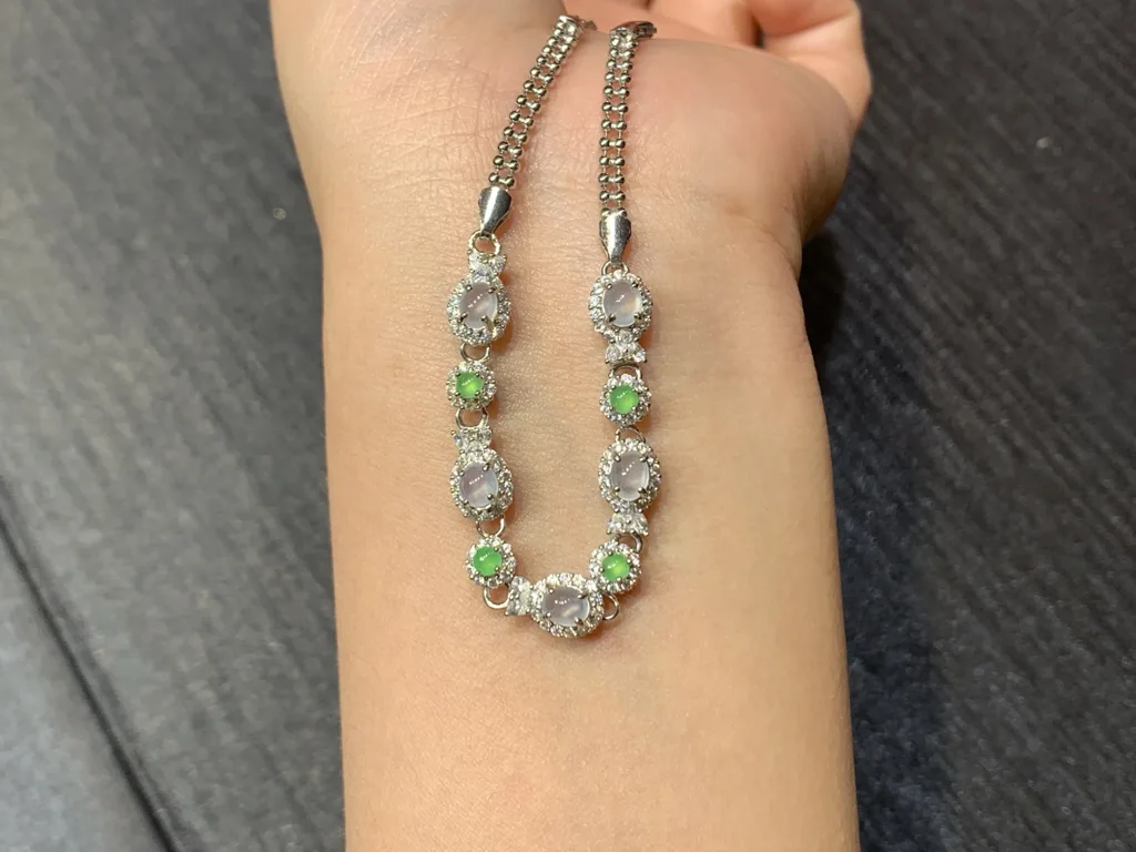 High-Icy Glowing Natural Jadeite Cabochon Bracelet — S925 Silver · No. B86F (photo 3)
