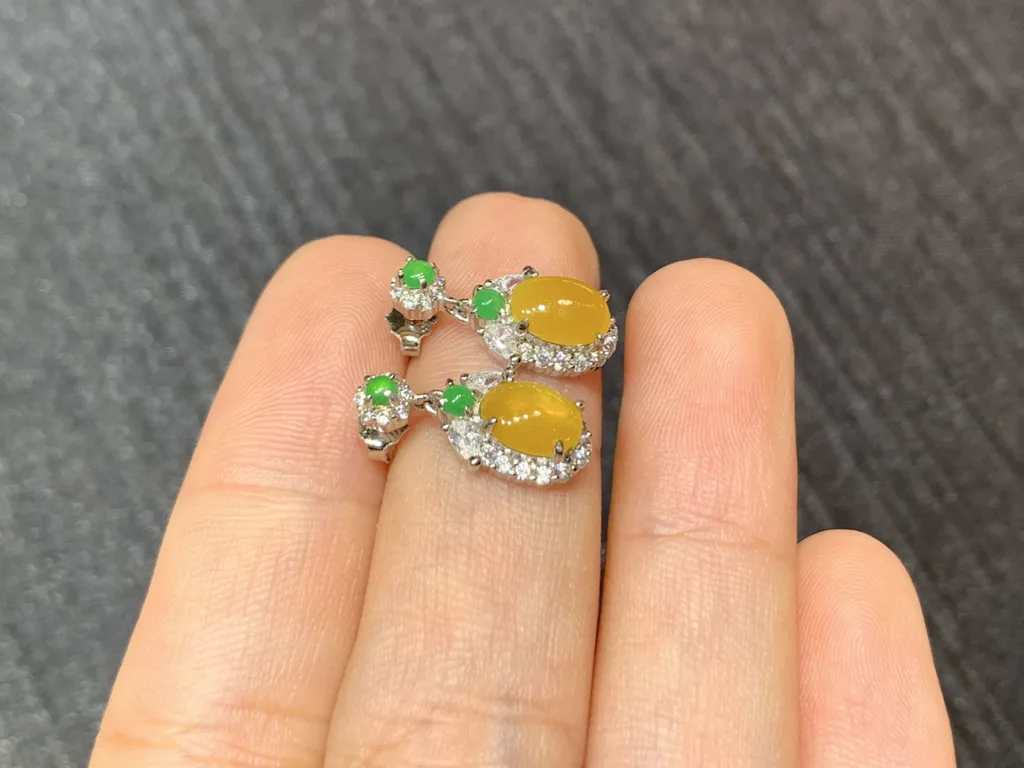 High-Icy Honey Yellow Natural Jadeite Cabochon Drop Earrings — S925 Silver · No. 46F8 (photo 4)
