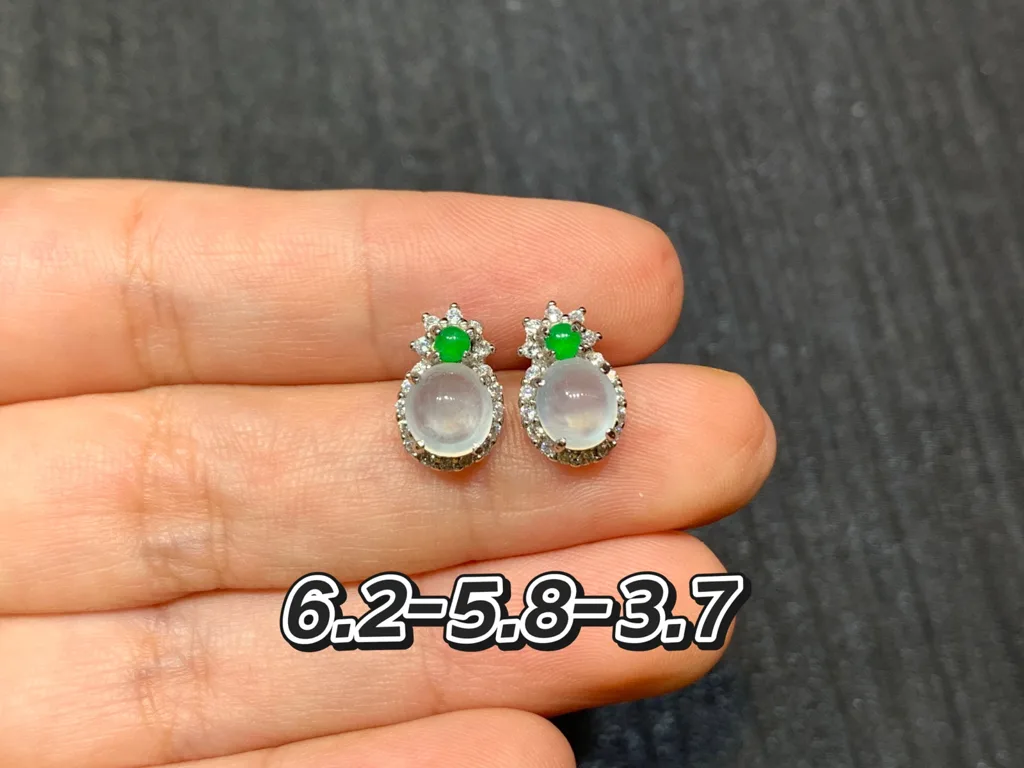 High-Icy Glowing White and Green Natural Jadeite Cabochon Stud Earrings — S925 Silver · No. 8A6E (photo 1)