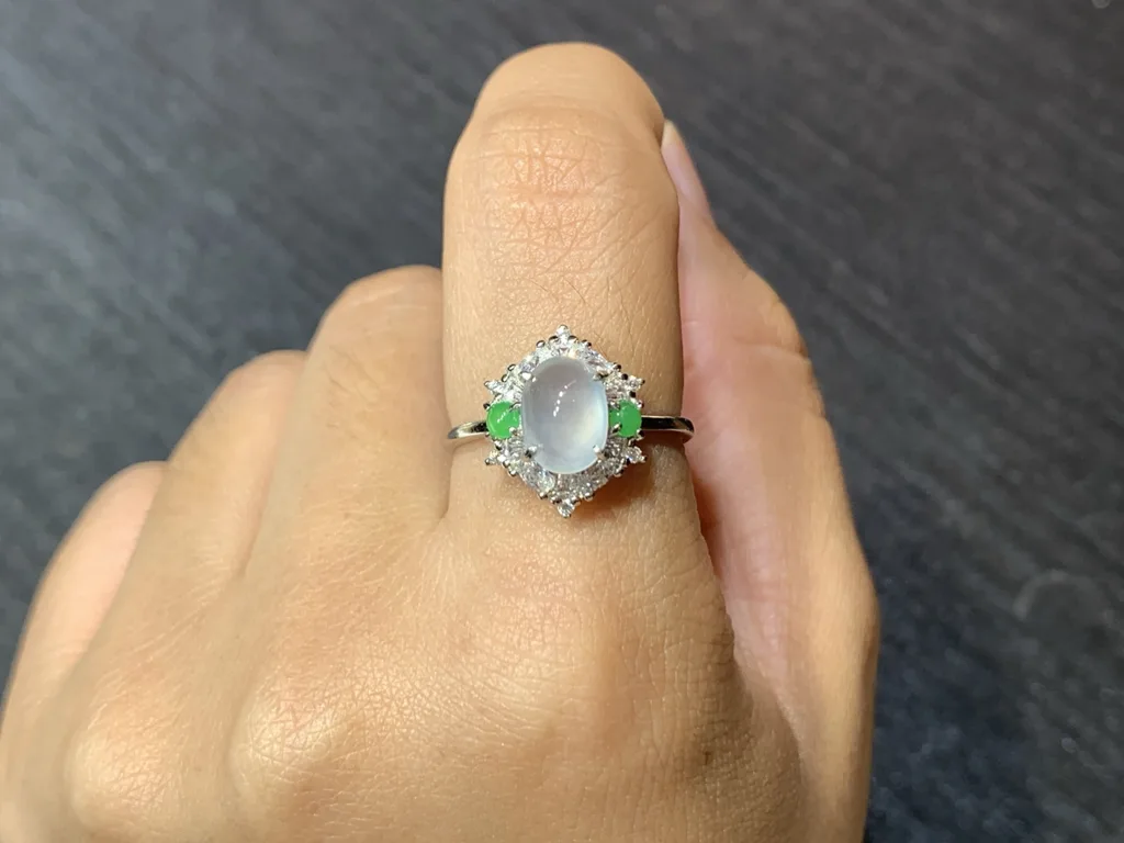 High-Icy Glowing Natural Jadeite Cabochon Ring — S925 Silver · No. 1F1C (photo 5)