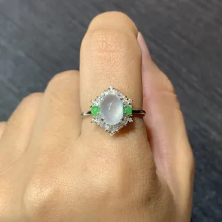 High-Icy Glowing Natural Jadeite Cabochon Ring — S925 Silver · No. 1F1C (photo 5)