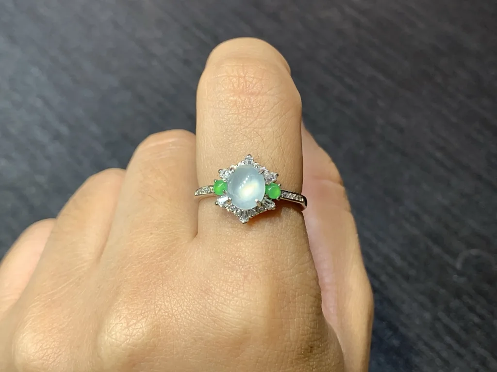 High-Icy Glowing Natural Jadeite Cabochon Ring — S925 Silver · No. 989F (photo 5)