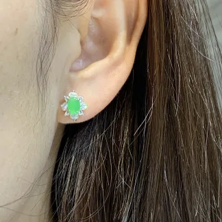 Icy Soft Vivid Green Natural Jadeite Cabochon Stud Earrings — S925 Silver · No. 9A9A (photo 5)