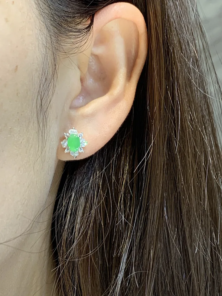 Icy Soft Vivid Green Natural Jadeite Cabochon Stud Earrings — S925 Silver · No. 9A9A (photo 5)