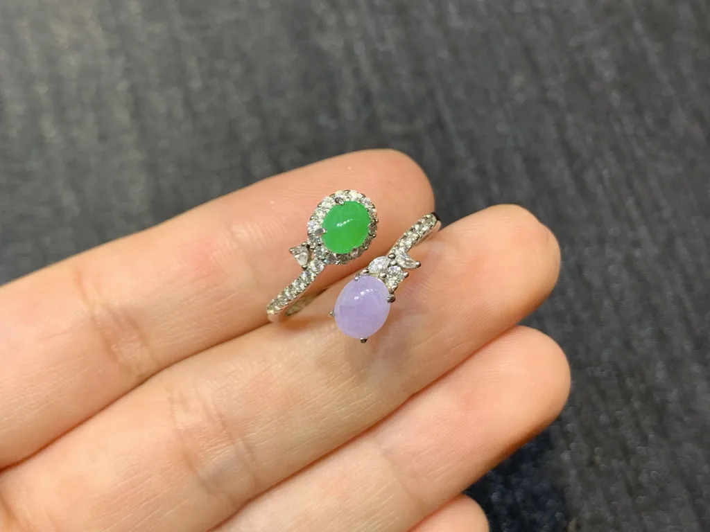 Lavender and Vivid Green Natural Jadeite Cabochon Ring — S925 Silver · No. 90D8 (photo 2)