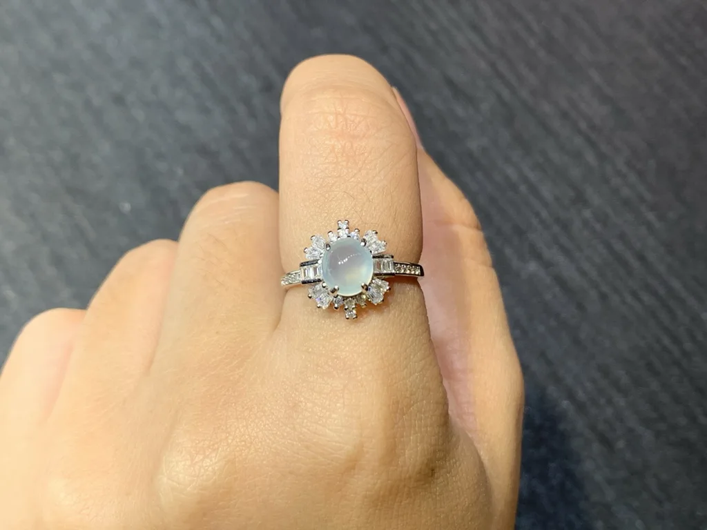 Icy Glowing Natural Jadeite Cabochon Ring — S925 Silver · No. F181 (photo 5)