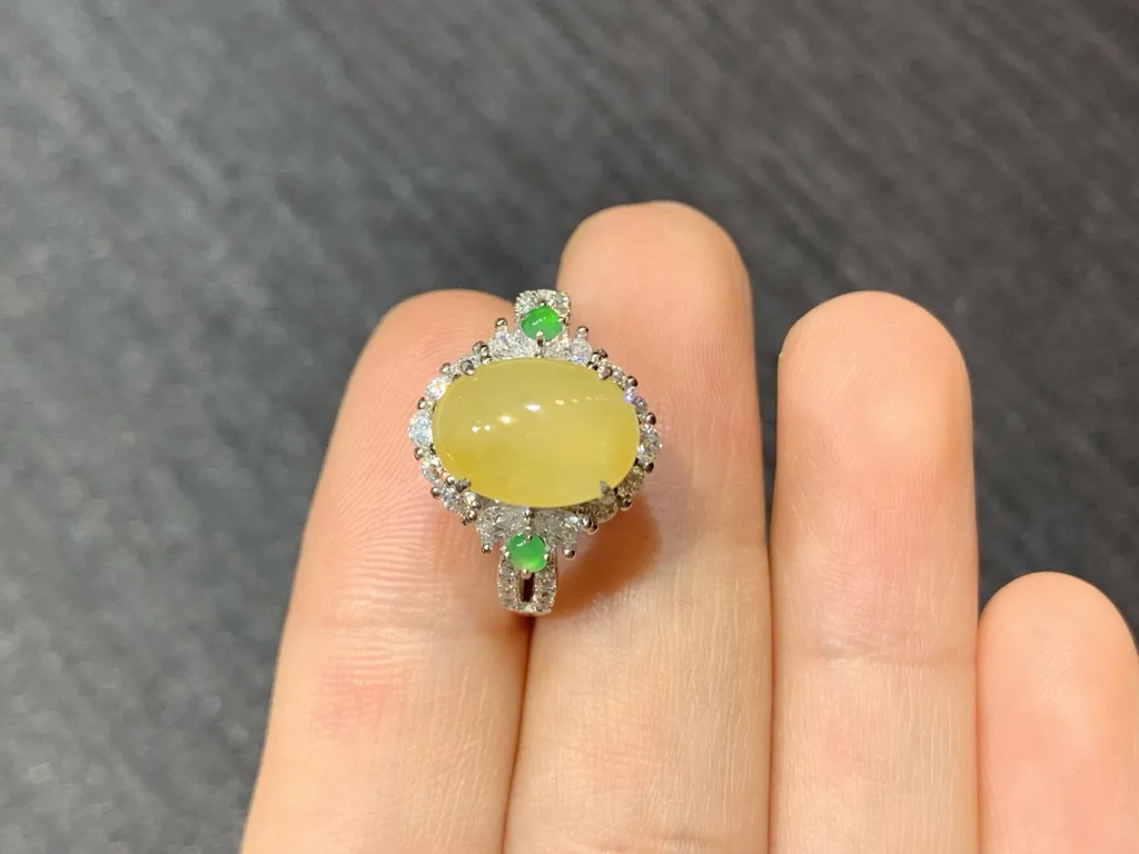 High-Icy Honey Yellow Natural Jadeite Cabochon Ring — S925 Silver · No. 82DF (photo 3)