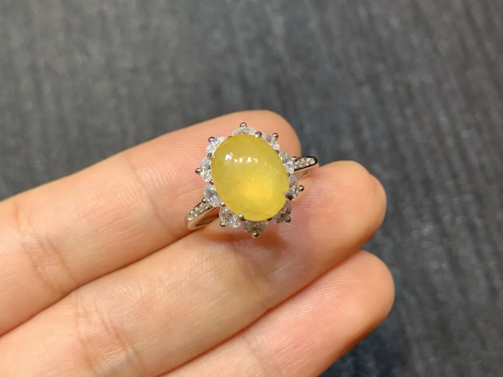 High-Icy Honey Yellow Natural Jadeite Cabochon Ring — S925 Silver · No. F03E (photo 2)