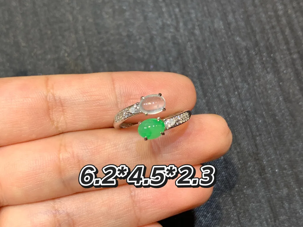 High-Icy White and Green Natural Jadeite Cabochon Ring — S925 Silver · No. 10B2 (photo 1)