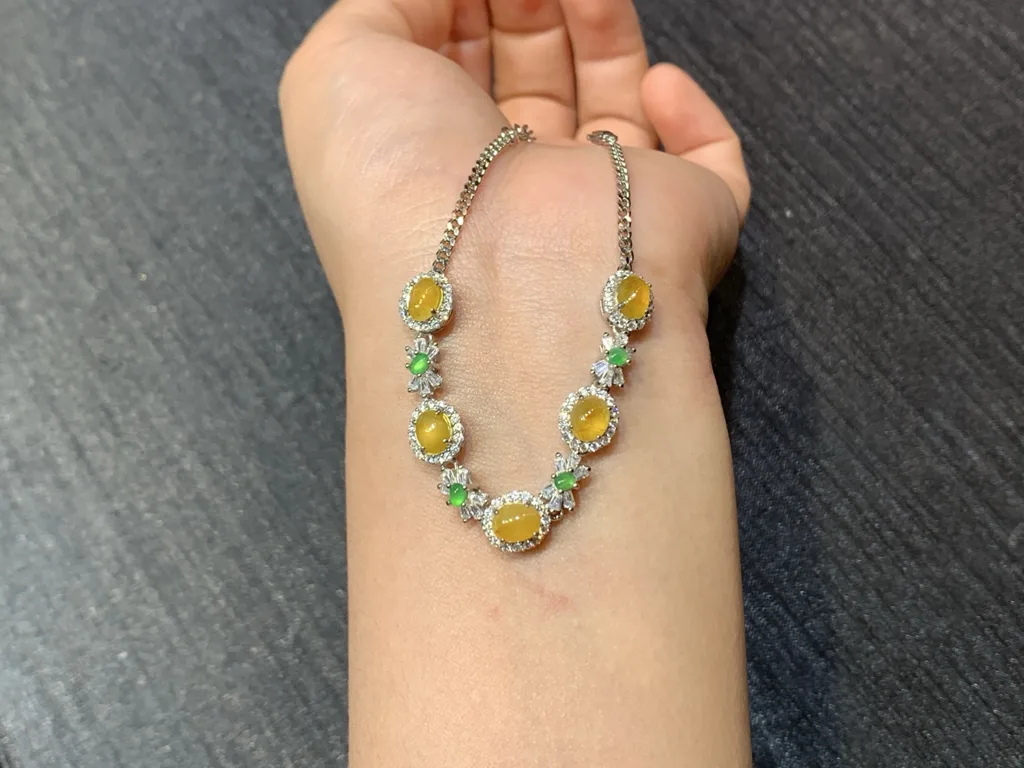 High-Icy Honey Yellow Natural Jadeite Cabochon Bracelet — S925 Silver · No. 56D7 (photo 3)
