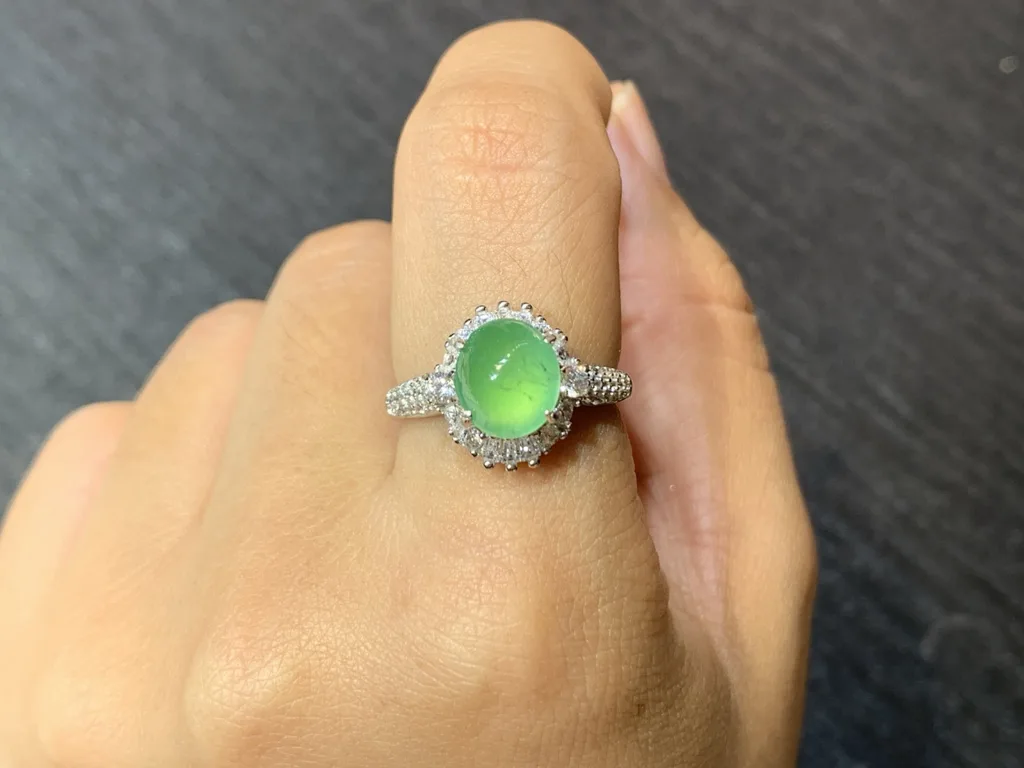 High-Icy Clear Green Natural Jadeite Cabochon Ring — S925 Silver · No. 74B3 (photo 5)