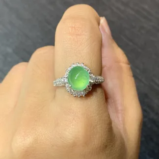High-Icy Clear Green Natural Jadeite Cabochon Ring — S925 Silver · No. 74B3 (photo 5)
