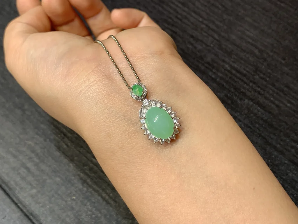 Icy Soft Green Natural Jadeite Cabochon Pendant — S925 Silver · No. 06F6 (photo 2)