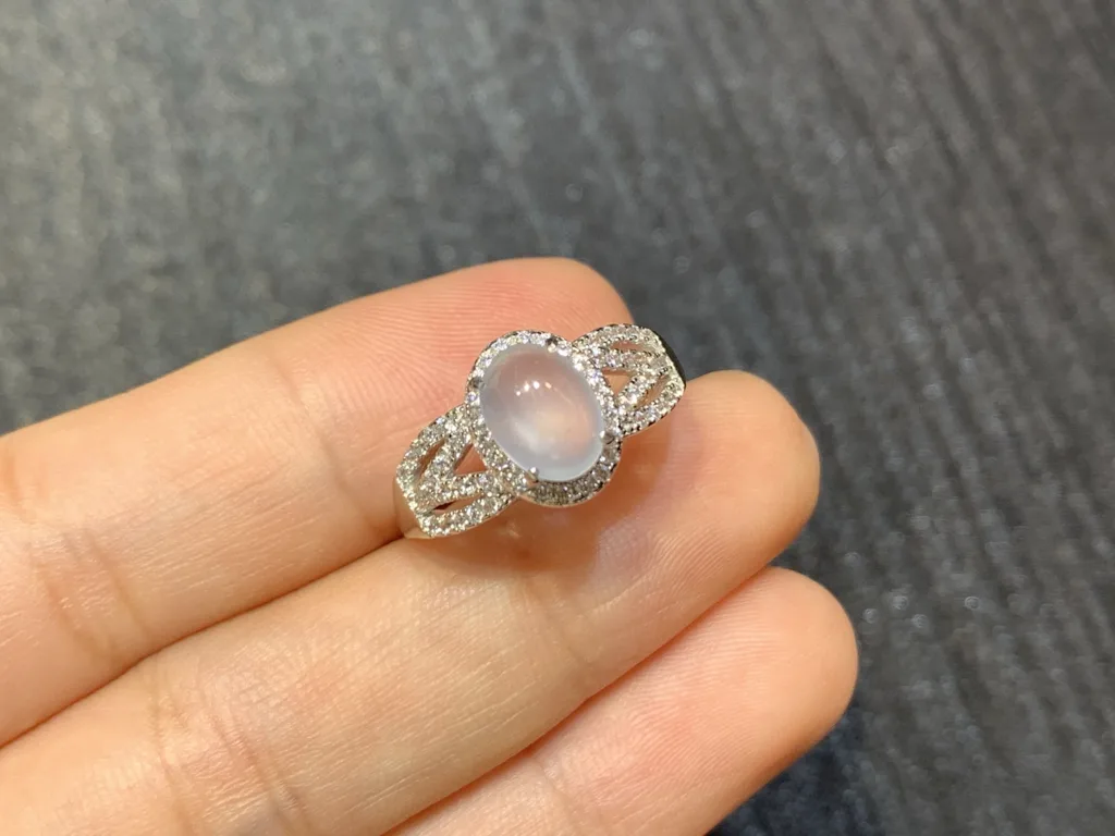 High-Icy Glowing Natural Jadeite Cabochon Ring — S925 Silver · No. B1D8 (photo 2)