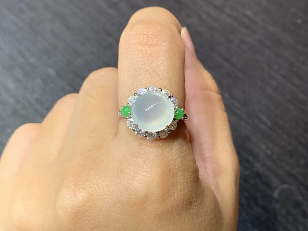 High-Icy Glowing Natural Jadeite Cabochon Ring — S925 Silver · No. 4065 (photo 5)