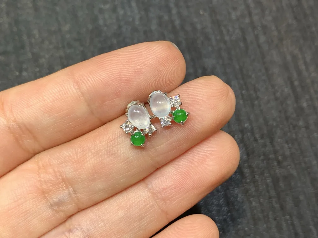 High-Icy Glowing White and Green Natural Jadeite Cabochon Stud Earrings — S925 Silver · No. CE26 (photo 2)