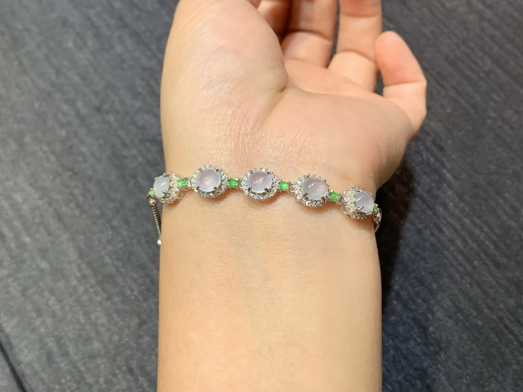 High-Icy Glowing Natural Jadeite Cabochon Bracelet — S925 Silver · No. 9F45 (photo 4)