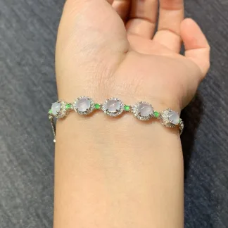 High-Icy Glowing Natural Jadeite Cabochon Bracelet — S925 Silver · No. 9F45 (photo 4)
