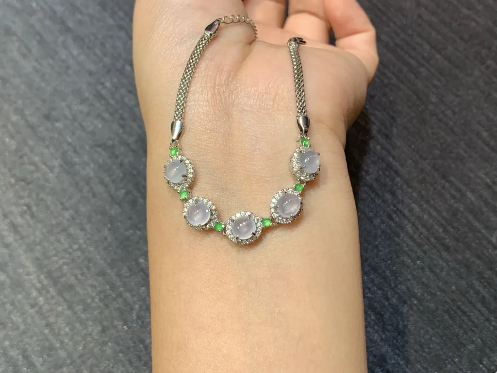 High-Icy Glowing Natural Jadeite Cabochon Bracelet — S925 Silver · No. 9F45 (photo 3)