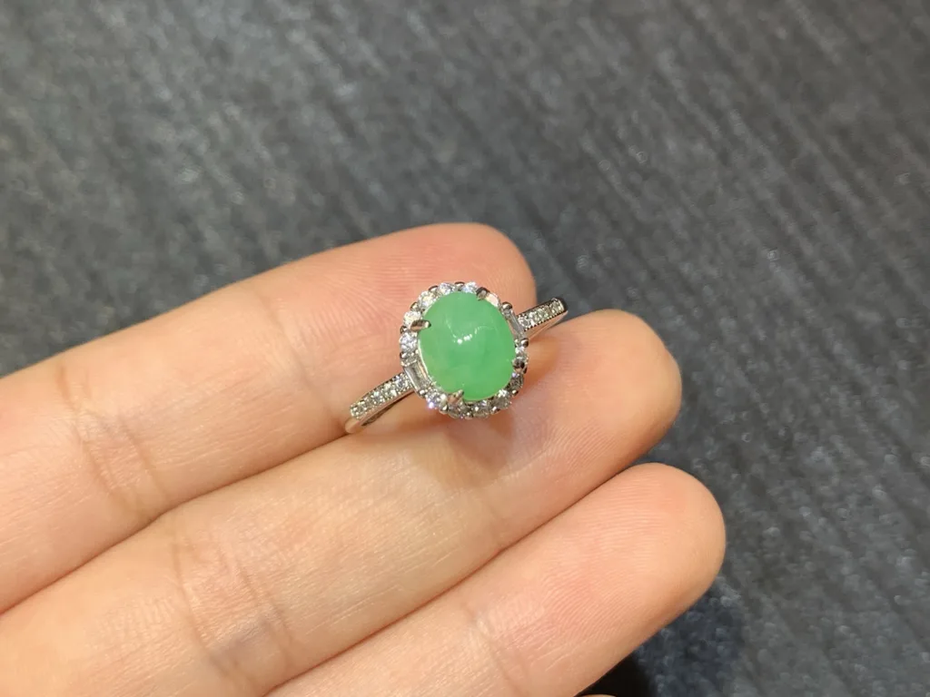 Vivid Green Natural Jadeite Cabochon Ring — S925 Silver · No. 66E8 (photo 2)