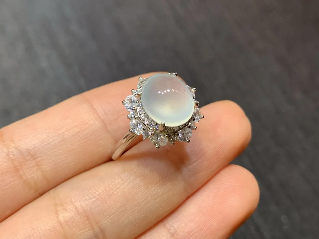 High-Icy Glowing Natural Jadeite Cabochon Ring — S925 Silver · No. 0B98 (photo 4)